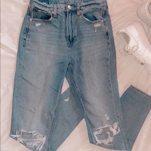 AE mom jeans light blue with holes in knees